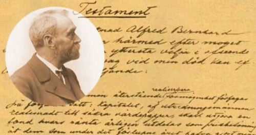 Alfred Nobel and a picture of his testament to the Nobel Prize